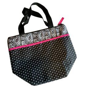 The Pampered Chef Insulated Lunch Tote Bag Black Paisley Polka Dot 11x9.5"x5.75"